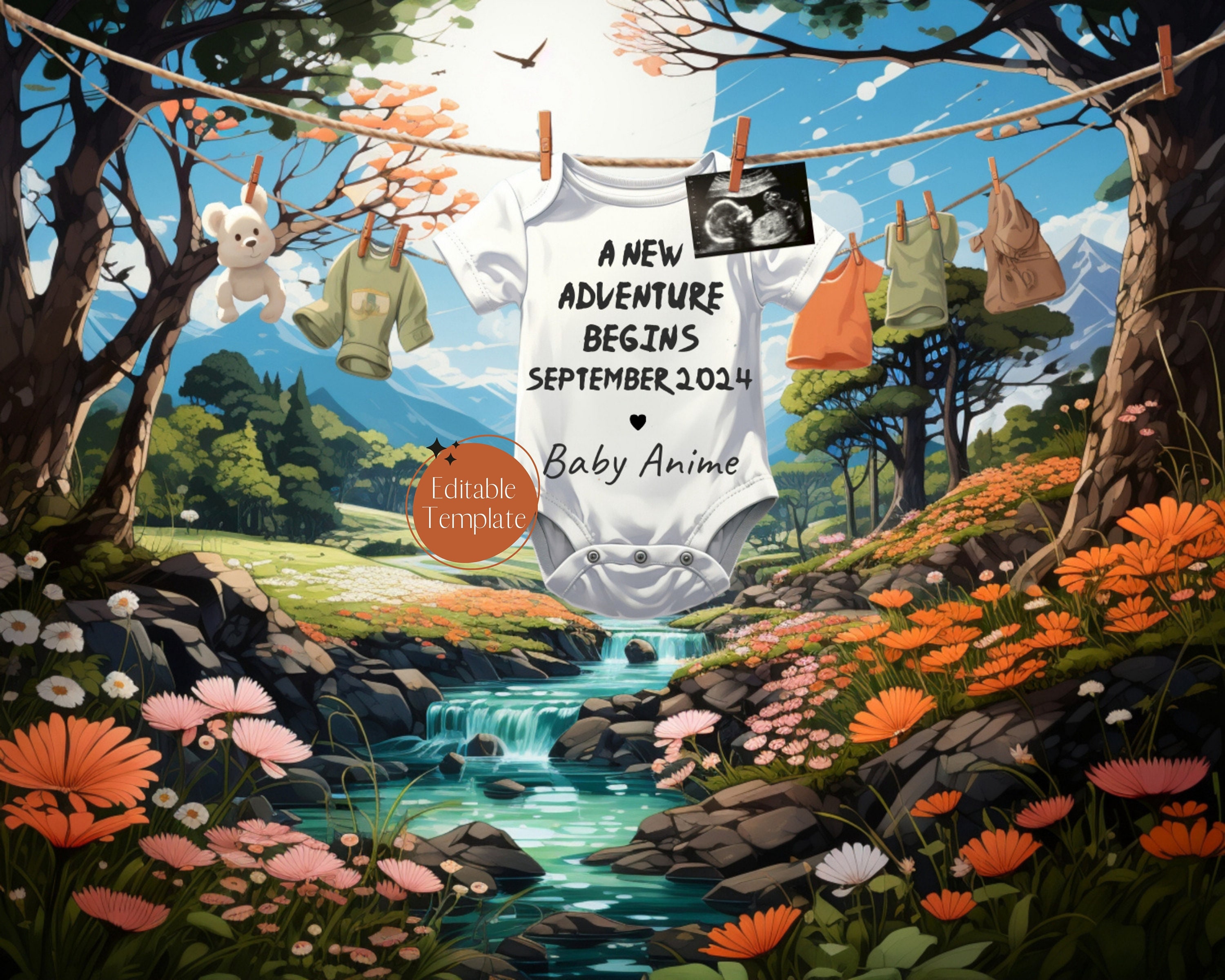 Japanese Anime Pregnancy Announcement, Digital Whimsical Adventure Baby Reveal, Enchanted Forest Gender Neutral, Instagram Editable Template