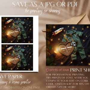 May include: A digital printable baby announcement featuring a green astronaut onesie, a rocket, a wooden heart with the text "Future Space Nerd on the Way" and a sonogram image. The background is a dark blue with white stars.