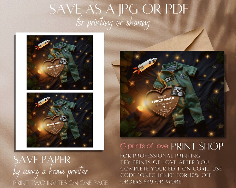 May include: A digital printable baby announcement featuring a green astronaut onesie, a rocket, a wooden heart with the text "Future Space Nerd on the Way" and a sonogram image. The background is a dark blue with white stars.