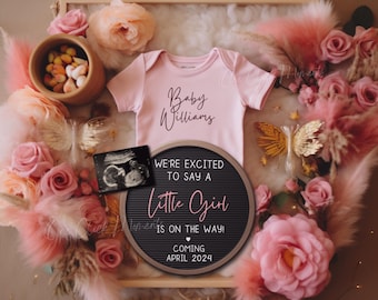 Boho Girl Pregnancy Announcement Digital, Floral Baby Girl Announcement, Pink Gender Reveal, Girly Instagram Baby Reveal, Editable Template