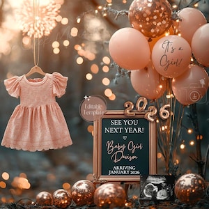 New Years Girl Pregnancy Announcement, Magical 2026 Baby Girl Announcement, Digital January Social Media Gender Reveal, NYE Pink Balloons