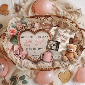 Girl Pregnancy Announcement Digital, Baby Announcement Girl Gender Reveal, Social Media Reveal EDITABLE Template Its a Girl Little Sister