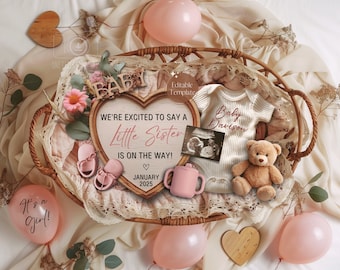 Girl Pregnancy Announcement Digital, Baby Announcement Girl Gender Reveal, Social Media Reveal EDITABLE Template Its a Girl Little Sister