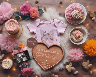 Sweet Girl Pregnancy Announcement, Digital Baby Girl Announcement, Girly Pink Gender Reveal, It's a Girl Template, Little Cupcake Sister