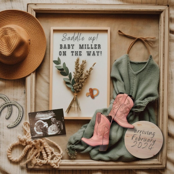 Cowgirl Digital Pregnancy Announcement, Boho Cowgirl Baby Announcement, Western Pregnancy Reveal, Country Baby Girl, Cow Farm Social Media