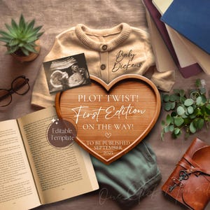 Anúncio de gravidez para amantes de livros boho, revelação do sexo do bebê menino com leitor digital, revelação do sexo do bebê menina com autor de aventuras, modelo editável do Canva