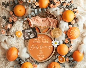 May include: A wooden orange slice sign with the text "We're expecting a little cutie! Baby Orange Arriving Summer 2024". The sign is surrounded by oranges, flowers, and a baby onesie.