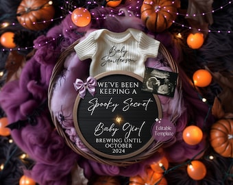 May include: A Halloween-themed baby announcement with a purple and black fabric backdrop. A white onesie with the text "Baby Sanderson" is in the center of the image. A black letter board with the text "We've been keeping a spooky secret. Baby Girl. Brewing until October 2024" is in the center of the image. A pink bow is on the letter board. An ultrasound image is to the right of the letter board. Orange and white lights are strung around the image.
