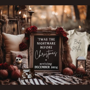 Goth Christmas Pregnancy Announcement Digital, Nightmare Holiday Social Media Pregnancy Reveal, Boho Halloween Xmas Baby Reveal, Fall Baby