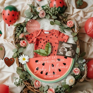 Summer Watermelon Pregnancy Announcement, Boho Spring Baby Reveal, Don't Eat Watermelon Seeds, Digital Gender Neutral Baby News, Editable