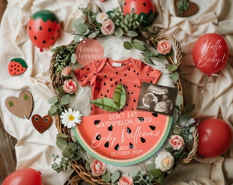 May include: A watermelon-themed baby announcement with a watermelon slice sign that reads "Don't eat watermelon seeds! Baby Williams Arriving October 2024". There is a small red and green onesie, a sonogram image, and a variety of red and green decorations.