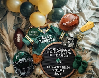 May include: A baby announcement with a green and gold football jersey that says "Baby Rodgers". Includes a football, a helmet, balloons, and a letter board that says "We're adding a new Packers fan to the family! The games begin February 2025."