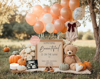 Fall Girl Pregnancy Announcement, Pumpkin Baby Girl, Pink Gender Reveal (Digital Editable Template)