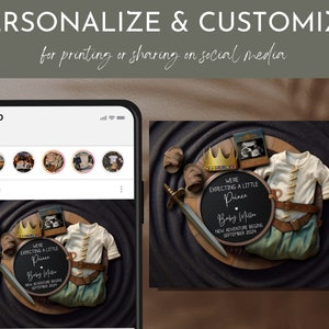May include: A digital mock-up of a social media post announcing a baby's arrival. The post features a black chalkboard with the text "We're expecting a little Prince Baby Miller New adventure begins September 2024". The chalkboard is surrounded by a crown, a sword, and a baby outfit.