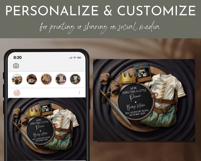 May include: A digital mock-up of a social media post announcing a baby's arrival. The post features a black chalkboard with the text "We're expecting a little Prince Baby Miller New adventure begins September 2024". The chalkboard is surrounded by a crown, a sword, and a baby outfit.