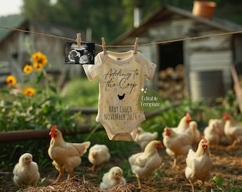 Faire-part de grossesse poulailler numérique, faire-part de grossesse neutre pour bébé de la ferme, faire-part deuxième poussin, modèle de faire-part de grossesse modifiable sur les réseaux sociaux