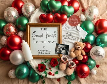 May include: A Christmas-themed baby announcement with red and green balloons, a framed sign that reads "The Grand Finale is on the way! Arriving July 2025", a white onesie with the text "Baby Danson #4", a teddy bear, and a baby ultrasound image.