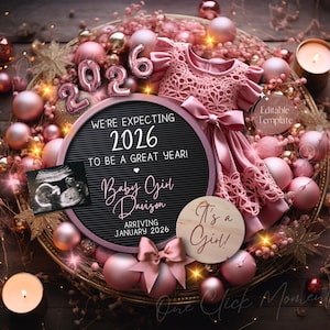 Magical New Years Baby Girl Announcement, Digital 2026 Pregnancy Announcement, Girly Pink Christmas Gender Reveal, Editable Canva Template