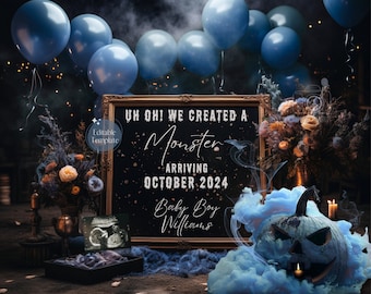 May include: A Halloween-themed baby announcement with a chalkboard sign that reads "Uh oh! We created a monster arriving October 2024 Baby Boy Williams". The sign is surrounded by blue balloons and a pumpkin with a spooky face.