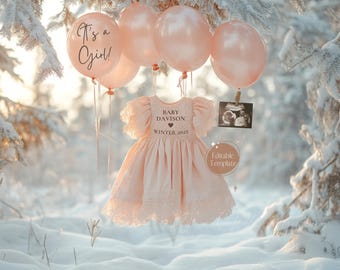 Winter Baby Girl Pregnancy Announcement: Pink Gender Reveal (Digital Editable Template)
