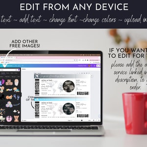 May include: A laptop displays a pregnancy announcement design with text: "EDIT FROM ANY DEVICE." The design includes boarding pass templates with ultrasound images. A red mug sits to the right. The screen also shows design elements.