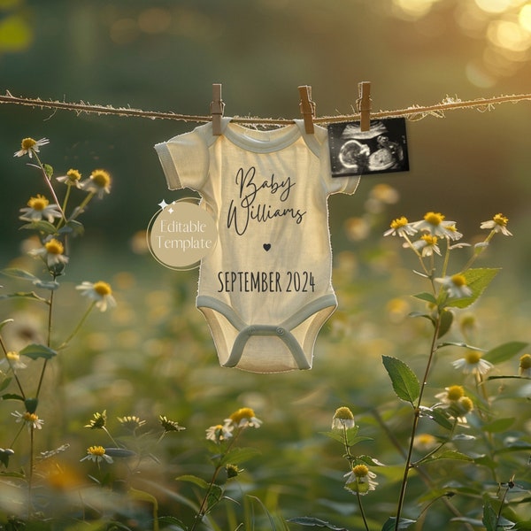 Anuncio digital de embarazo de primavera, anuncio de bebé de tendedero neutro, revelación de género de flores de verano, redes sociales Facebook Instagram