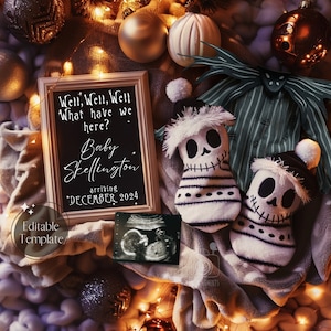 Christmas Halloween Pregnancy Announcement Digital, Nightmare Xmas Social Media Baby Reveal, Gender Neutral Magical Editable Template
