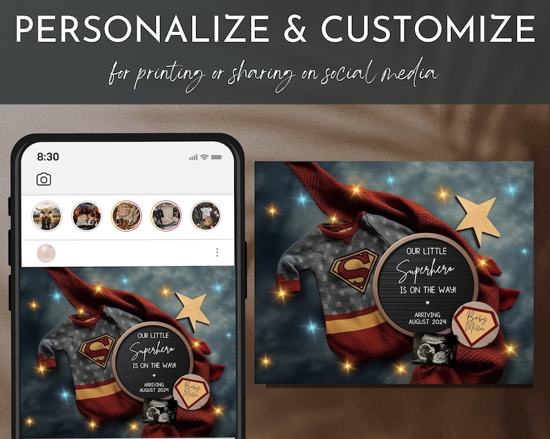 Superhero Pregnancy Announcement, Daddy's Sidekick Digital Announcement, Superhero Baby Reveal, Its a Boy, Editable Template Social Media image 5