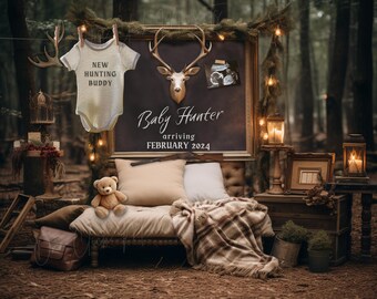 May include: A woodland-themed baby announcement with a rustic wooden bed, a stuffed teddy bear, and a framed chalkboard sign that reads "Baby Hunter arriving FEBRUARY 2024".