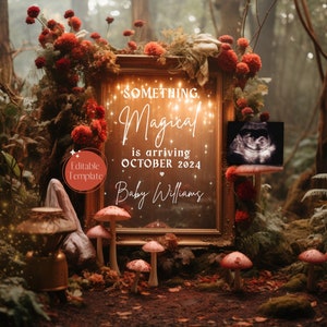 Mushroom Pregnancy Announcement, Magical Forest Baby Announcement, Digital Fairy Garden Social Media Reveal Ultrasound, Editable Template