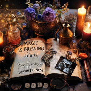 Digital Pregnancy Announcement, Gothic Witchy Baby Announcement, Halloween Pregnancy, Social Media Birth Reveal Sign, Magical Book Wizard