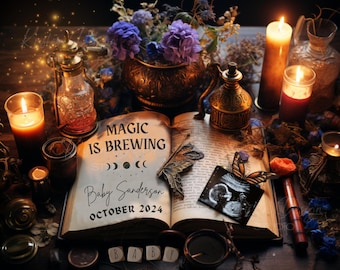 May include: An open book with the text "Magic is Brewing" and "Baby Sanderson October 2024" on the pages. The book is surrounded by candles, a potion bottle, and other magical items.