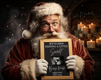 May include: Santa Claus holding a chalkboard with a Christmas-themed pregnancy announcement. The chalkboard says "We've been keeping a little secret!" and "Baby Kringle Arriving July 2024".