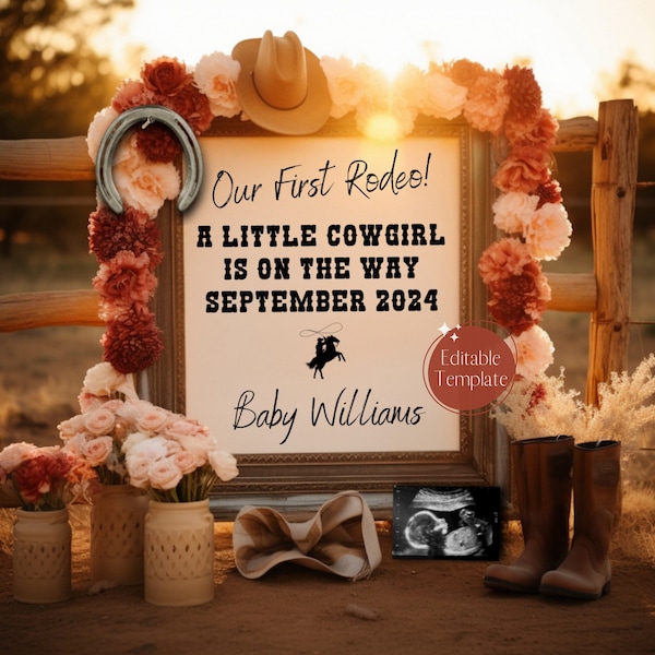 Little Cowgirl Pregnancy Announcement, Western Baby Girl Announcement, Digital Southern Gender Reveal, Editable Template, Instagram Facebook