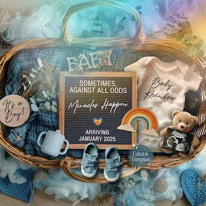 Faire-part de grossesse numérique arc-en-ciel, faire-part bébé garçon miracle, sexe Boho Boy, modèle bleu modifiable, révélateur de médias sociaux