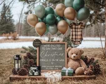 Christmas Pregnancy Announcement, Miracle Baby Reveal, Gender Neutral Green and Brown (Digital Editable Template)