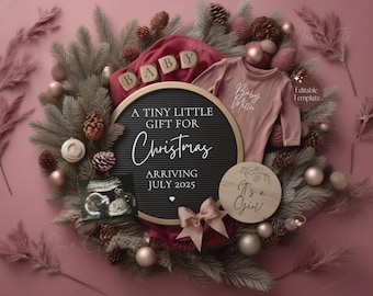 Cute Christmas Baby Announcement, Christmas Girl Pregnancy, December Announcment, Magical Pink Boho Gender Reveal, Digital Editable Template