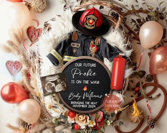 Puede incluir: Un anuncio de baby shower con temática de bombero. Un traje de bombero rojo y negro, un extintor rojo, un tablero de letras con el texto "Our Future Probie is on the way! Baby Williams Bringing the Heat November 2024", y una imagen de ultrasonido están dispuestos en una cesta con globos rojos y blancos.