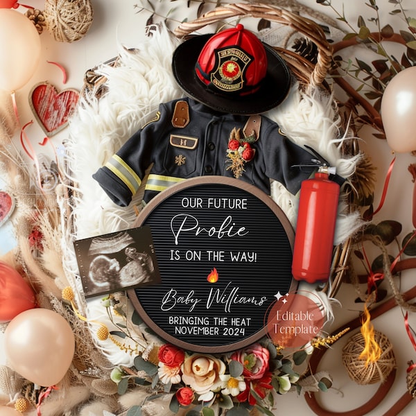 Boho Firefighter Pregnancy Announcement, Digital Firefighter Baby Boy Reveal, New Recruit, Little Fireman Hero, Editable Instagram Template