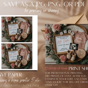 May include: A pink and white baby announcement with a framed sign that says "We're excited to say a little sister is on the way! Arriving January 2025". The sign is surrounded by pink flowers, a baby onesie, a pair of baby booties, and a wooden circle with the text "It's a girl!"