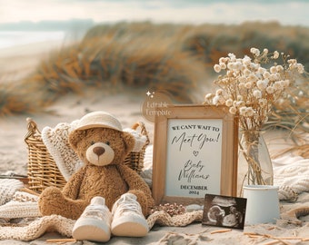 Digital Summer Pregnancy Announcement, Beach Baby Announcement, Neutral Social Media Reveal Facebook Instagram, Teddy Bear Editable Template