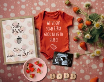 Strawberry Pregnancy Announcement | Summer Social Media Baby Reveal | Gender Neutral Digital Sign | Minimalist Organic Berry Husband Reveal