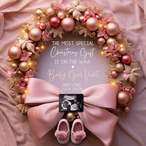 Joli faire-part de Noël pour bébé, Noël fille grossesse, faire-part de vacances, révélateur de sexe magique bohème rose, modèle numérique éditable