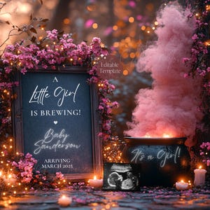 Pink Smoke Social Media Gender Reveal, Little Girl Brewing, Editable Halloween Girl Pregnancy Announcement, Magical Baby Sister Announcement