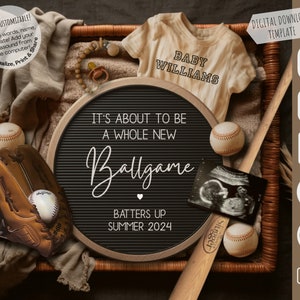 Digital Baseball Pregnancy Announcement, Spring Baseball Baby Announcment, Father's Day Sports Reveal, New Player Ballgame Editable Template image 7