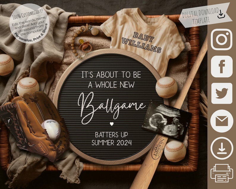 Digital Baseball Pregnancy Announcement, Spring Baseball Baby Announcment, Father's Day Sports Reveal, New Player Ballgame Editable Template image 7