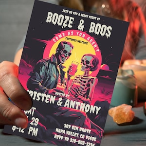 Editable Retro Halloween Party Invitation, Skeleton Adult Halloween Party Digital Invite, Vintage Boos and Booze Evite, Neon Gothic Template