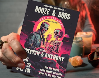 Editable Retro Halloween Party Invitation, Skeleton Adult Halloween Party Digital Invite, Vintage Boos and Booze Evite, Neon Gothic Template