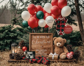 Christmas Pregnancy Announcement, Teddy Bear Baby Reveal, (Digital Editable Template) Home for Christmas