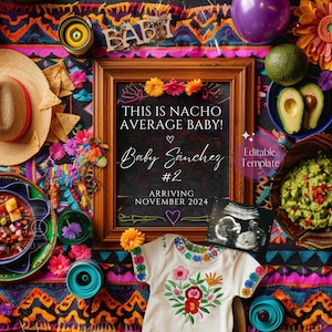 Anuncio de embarazo del Cinco de Mayo, Nacho Average Baby May Reveal, Plantilla editable de Funny Taco Baby, Fiesta Mexicana Social Media Reveal